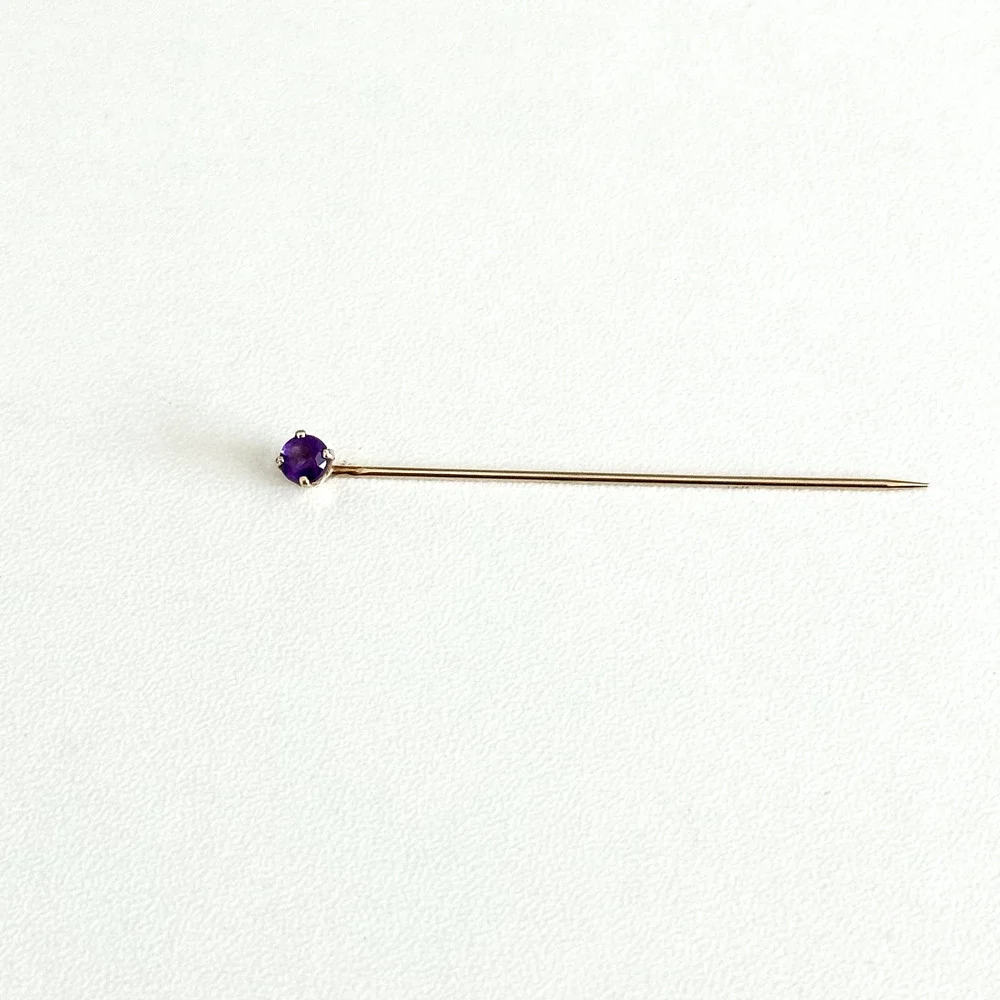 14K Yellow Gold Genuine Amethyst Gemstone Ladies Slim Stick Pin 2